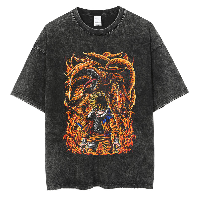 Camiseta negra lavada de Hip Hop para hombre, ropa de calle con estampado de Anime japonés, camiseta informal de algodón Harajuku, Top de manga corta de verano, 2023