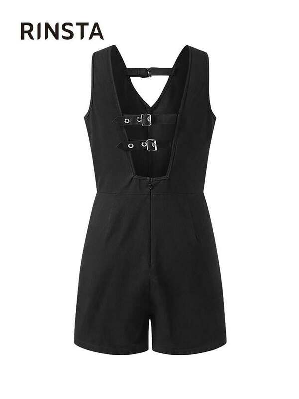RINSTA 2022 Summer Sexy Rompers Women Sleeveless Solid Playsuits Buckle Open Backless Romper Fashion Female Streetwear Playsuit