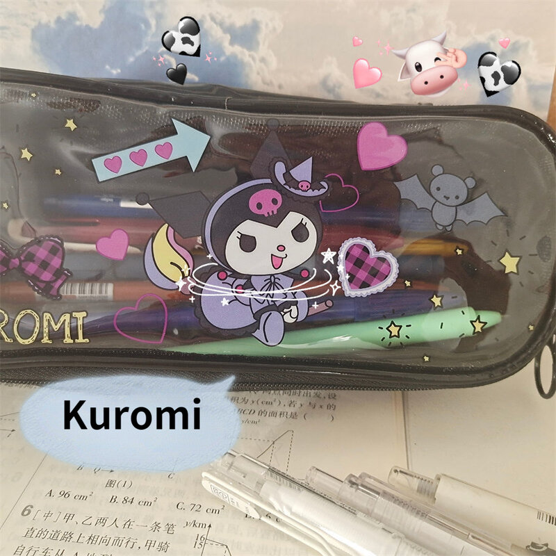 Kawaii ميلودي Cinnamoroll Kuromi كبير الأذن الكلب حقيبة أقلام رصاص شفافة متجمد الكرتون تخزين حقيبة أدوات مكتبية للأطفال فتاة هدية