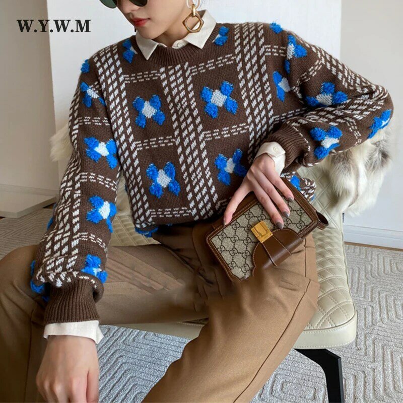 Wywm-女性の長袖セーター,流行の花の刺繍が施されたルーズなセーター,ラウンドネック,カジュアルスタイル,すべてにマッチ