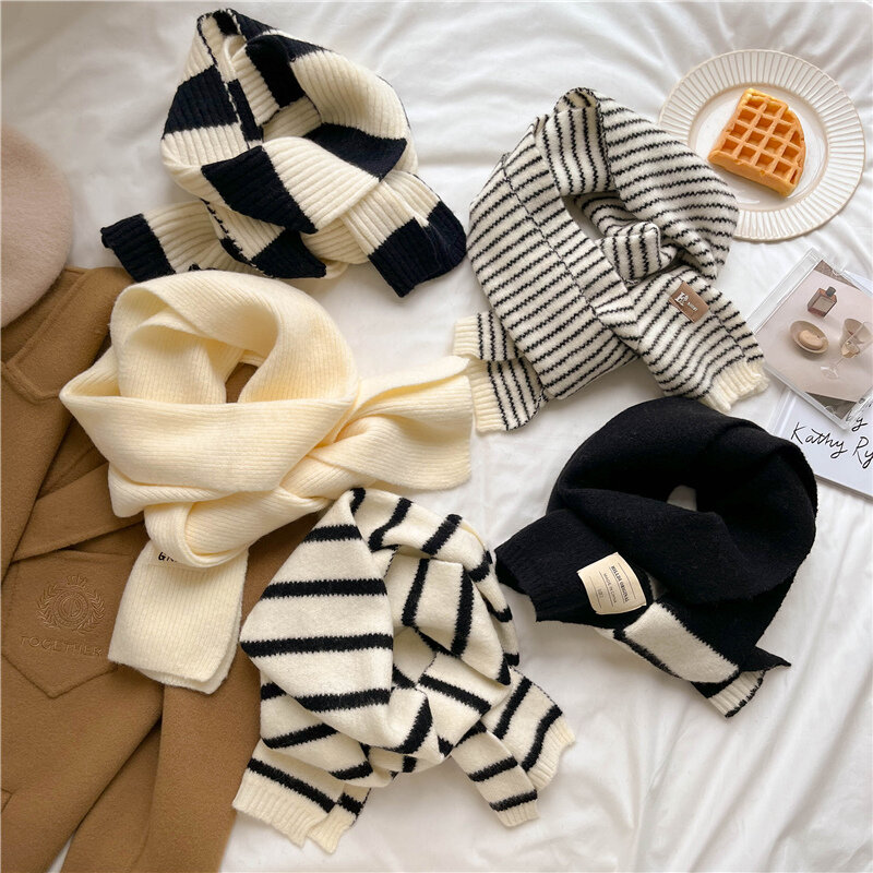 Korean Style Striped Winter Women Knitted Scarf Warm Thick Wool Nechercheif Bufandas Design Shawl Wraps Echarpe 2022 Muffler