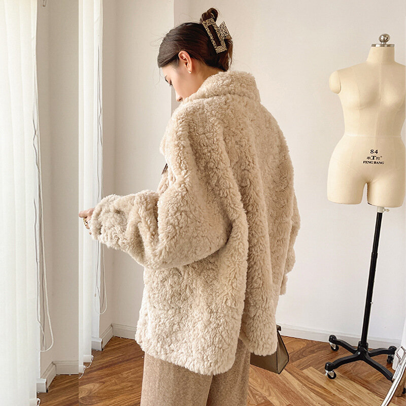 Motorcycle Collar Wool Coat Female Winter Imitation Lamb Wool Loose Fur One-piece Top Spring 2022 Women's Jackets Sheepskin Faux