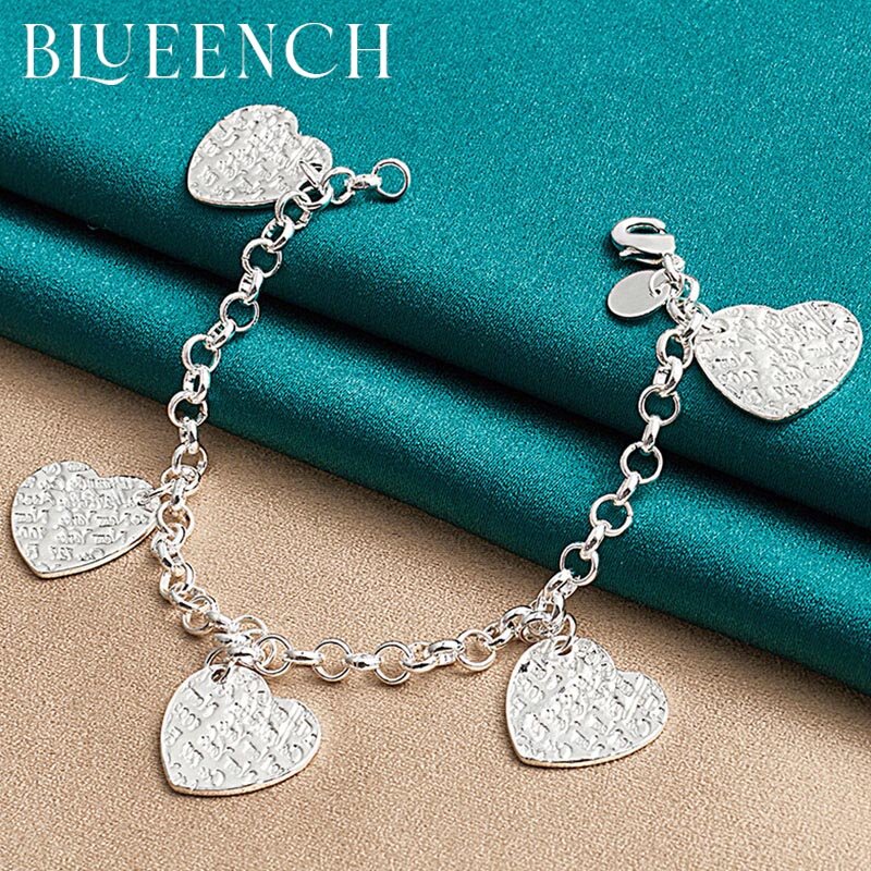 Blueench 925 srebro rzeźbione serce bransoletka z wisiorkiem spersonalizowane słodkie dla kobiet wesele biżuteria ślubna