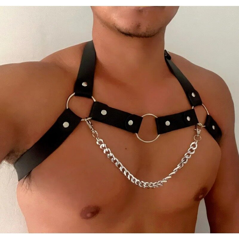 Cinturini in pelle Sexy cinturini pettorali da uomo muscolosi cinturini elastici cinturini in metallo in pelle che giocano di ruolo medicazione seducente
