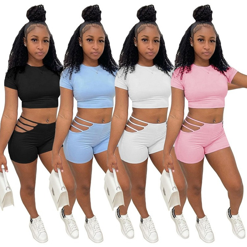 Women Sexy Summer Solid Crop Top and Hollow Out Shorts Jogger Sweatpants Suit Two Piece Set Sport Matching Set Outfits