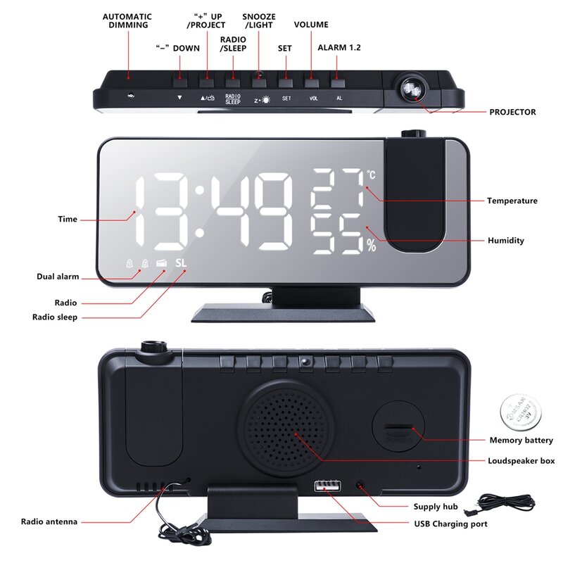 Radio LED Digital Smart Alarm Clock orologio da tavolo orologi da tavolo elettronici USB con tempo di proiezione a 180 ° Snooze Black