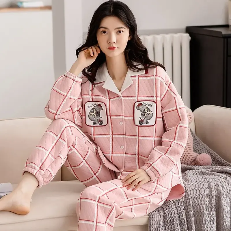 Pyjama en pur coton pour femme, ensemble sandwich, cardigan épais et chaud, vêtements de maison, vêtements de nuit d'hiver