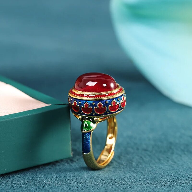 2022 Enamel Real Corundum Rings S925 Silver Cloisonne Ethnic Indian Vintage Open Red Engagement Grandma Gift Ring Fine Jewelry