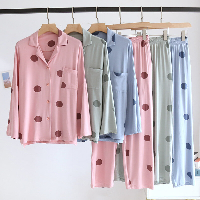 Modal Home Wear Anzug Dame Revers Frühling Sommer Frauen dünne lange Ärmel rosa Hosen Punkte drucken große Elastizität Pyjamas Set