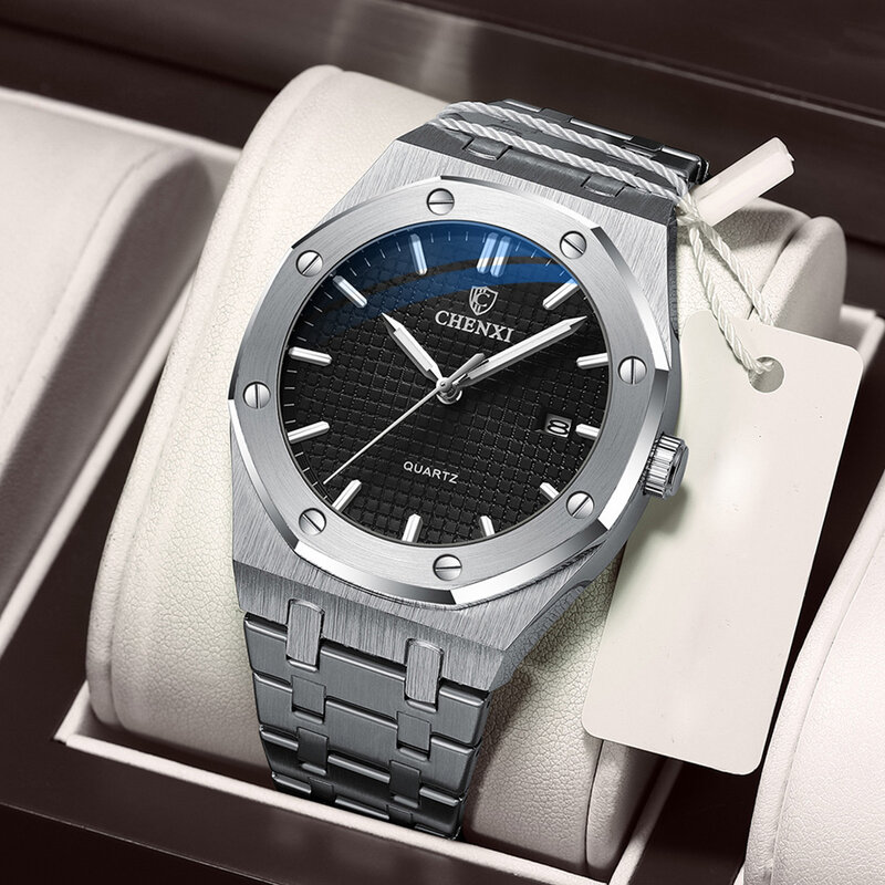 Real moda casual masculino relógios grande dial prata aço inoxidável calendário de quartzo relógio de pulso clássico marca superior chenxi masculino