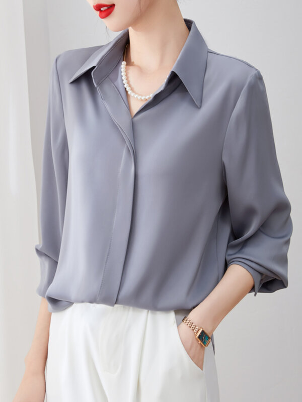 Moda mulher blusas 2022 polo-pescoço elegante camisa de botão feminino chiffon blusa feminina básica senhoras topo ol sólida roupas femininas