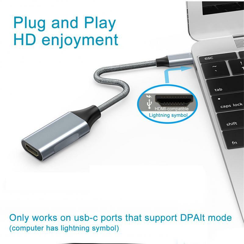 RYRA-c타입 비디오 컨버터 케이블, 4K 어댑터 코드 c타입 To HDMI 호환 컨버터, 노트북 핸드폰 Type-C HDMI 어댑터용