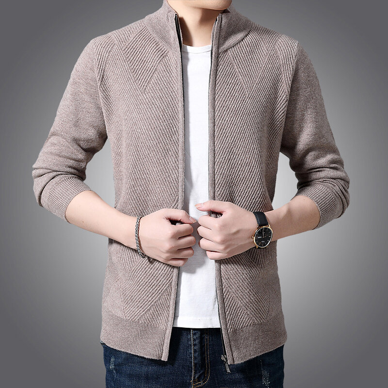 Cardigan masculino 100% lã pura casaco de malha inverno jovem e meia-idade com zíper gola camisola