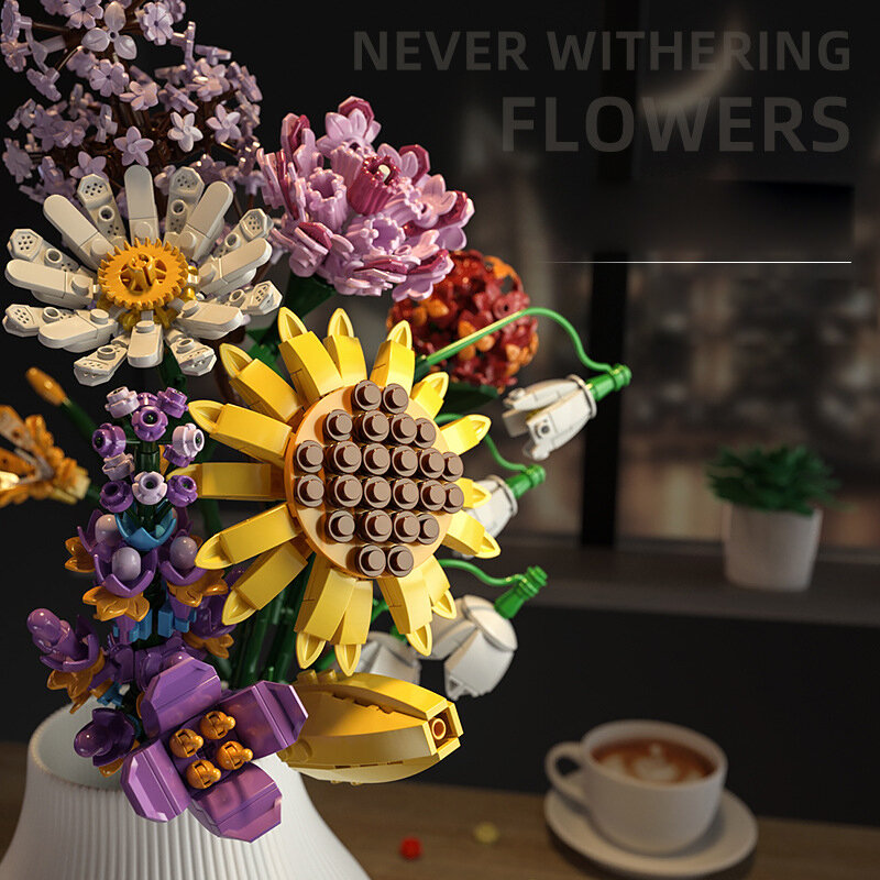 女の子のためのヒマワリの花の花束,水滴のデザインのおもちゃのための植物のビルディングブロック