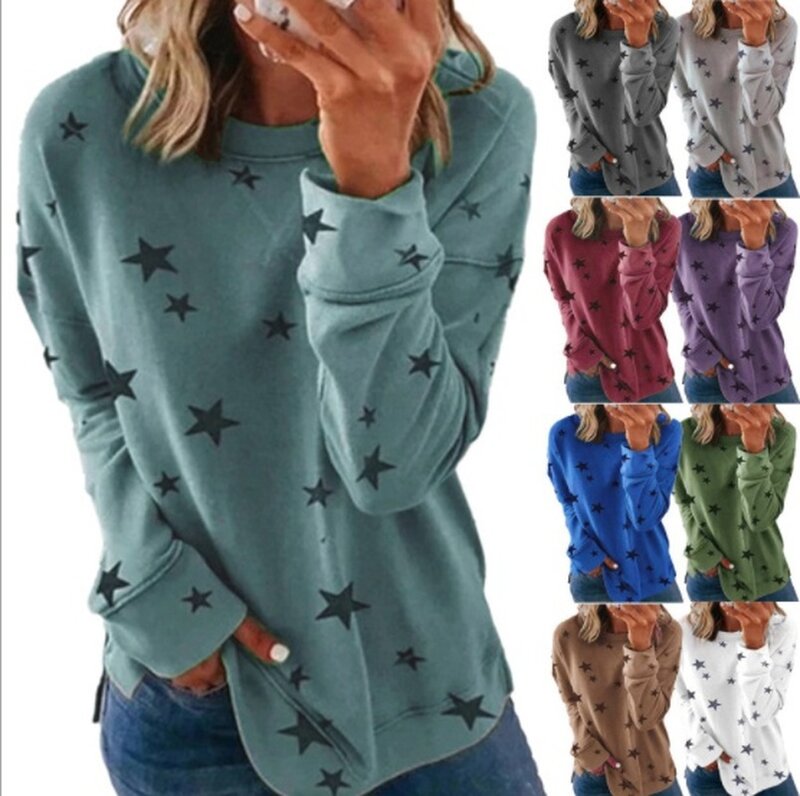 Women Fashion Autumn Round Neck Star Print Shirt Casual Long Sleeve Tunic T-Shirts Blouse XS-5XL