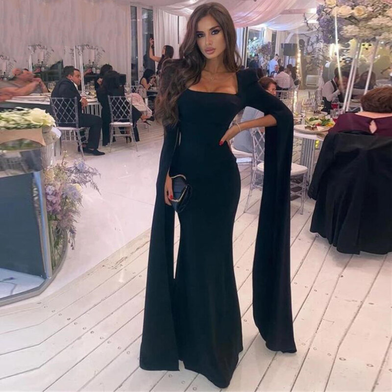 Sexy preto sereia vestido de noite para as mulheres quadrado pescoço vestidos de festa de formatura cetim feito sob encomenda robe de soirée