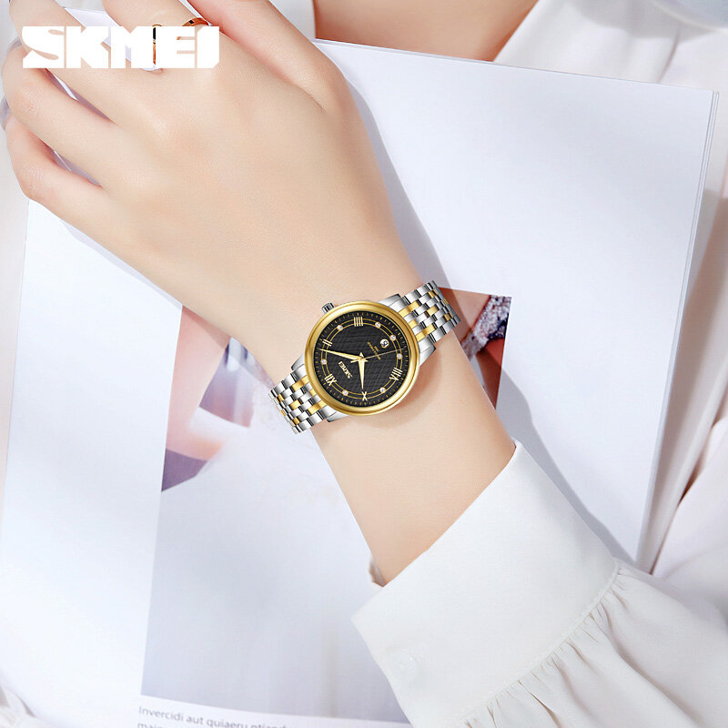 SKMEI-relojes de cupón para mujer y hombre, pulsera de vestir de acero a la moda, reloj de cuarzo con pantalla de calendario, regalo Original