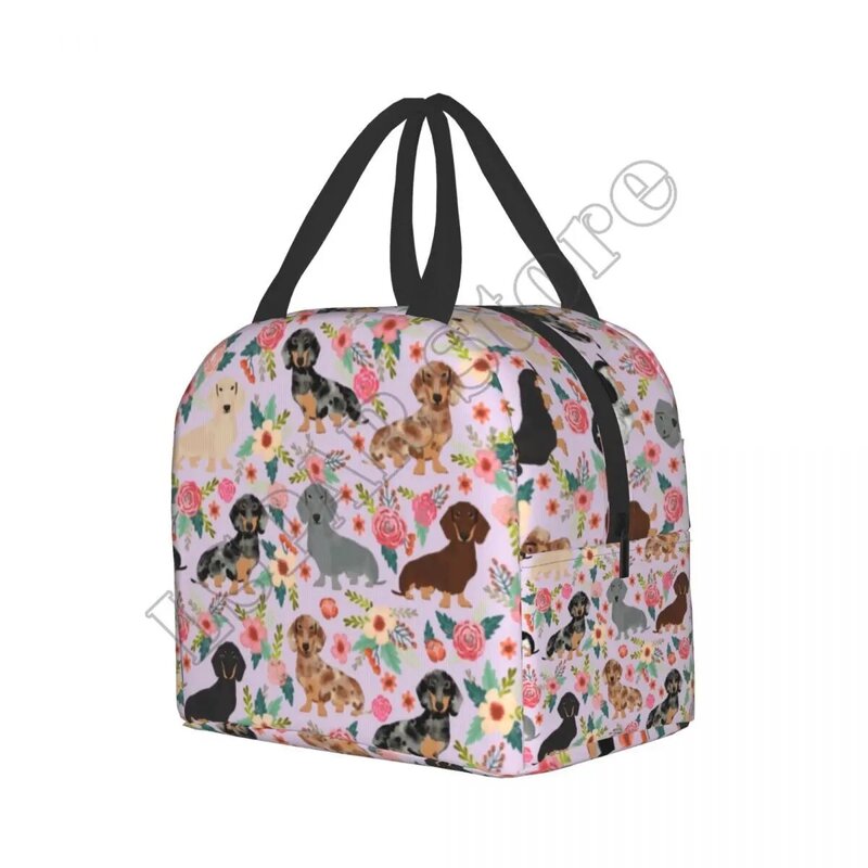 Dachshund Flowers Insulated Lunch Bag Picnic Travel Wiener Sausage Dog Portable Thermal Cooler Bento Box Kids School Lunch Bags