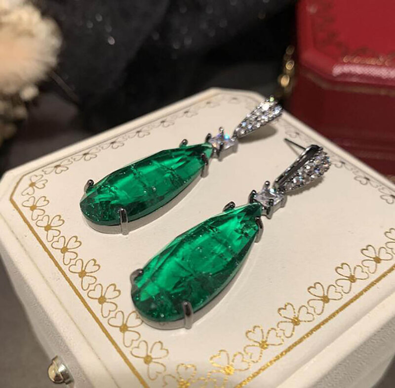 Tourmaline green water drop earrings for women exaggerated super flash elegant crack lady vintage jewelry