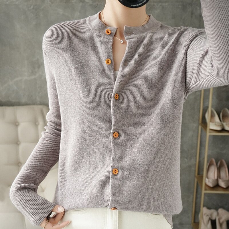 Женский шерстяной свитер, однотонный кардиган с круглым вырезом и длинными рукавами, свободного покроя, Корейская версия, весна 2022