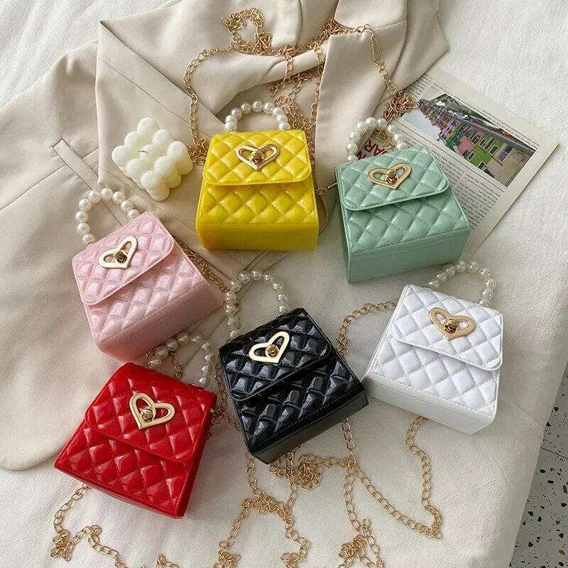 Women Mini Handbag New Elegant Shoulder Messenger Portable Chain Bag Girl PVC Jelly Bag Pearl Crossbody Rhombus Small Square Bag