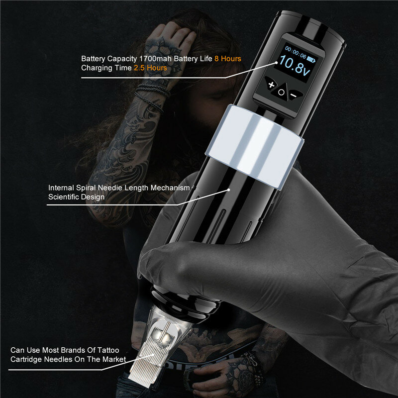 Tuffking portátil sem fio máquina de tatuagem poderoso coreless motor 1700mah bateria de lítio led display digital equipamento tatuagem