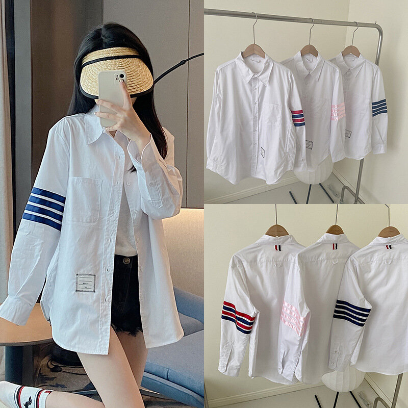 TB camisa blanca de manga larga para mujer, chaqueta holgada versátil de algodón, ropa de protección solar, primavera y verano