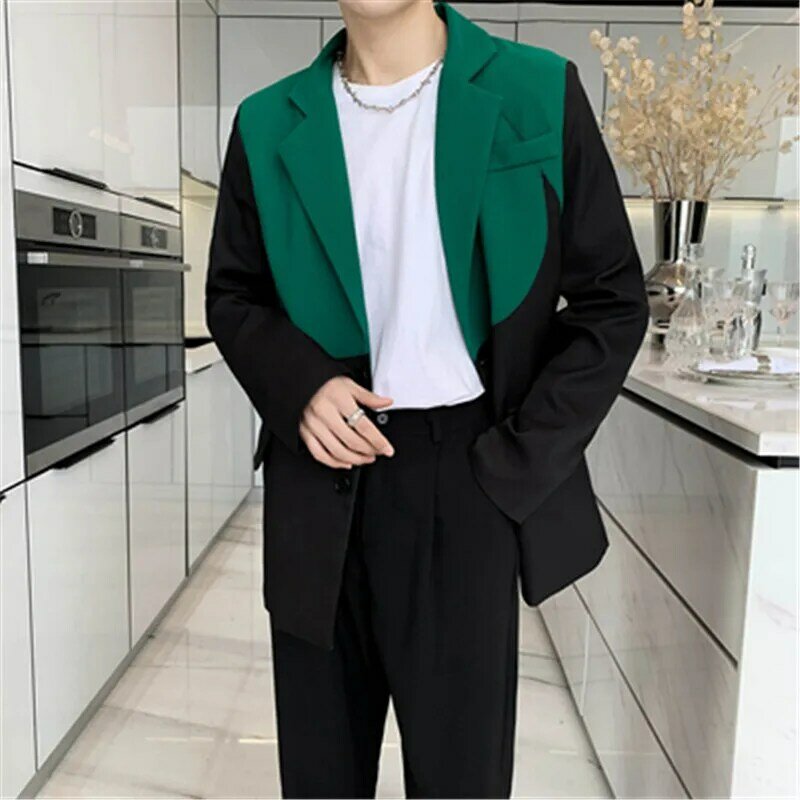 Casaco de blazer masculino contraste cor designer luxo manga longa verde retalhos preto nicho juventude homem estilo coreano roupas outono