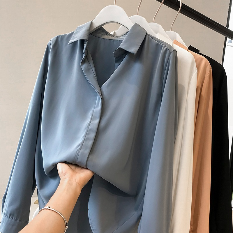 Женская шифоновая блузка с длинным рукавом, свободная однотонная блузка в Корейском стиле, весна-осень 2022