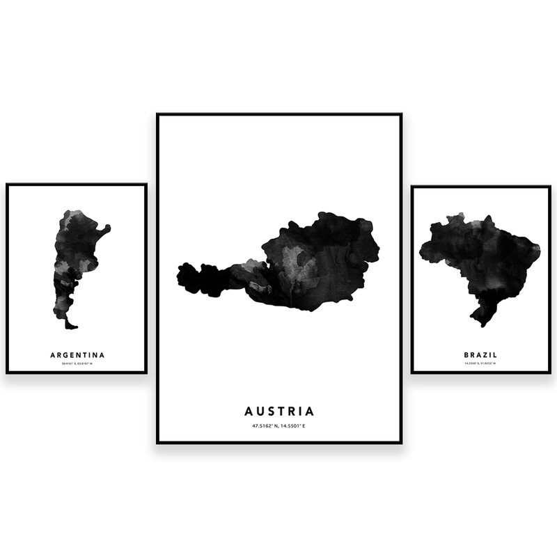 Impresión de mapa de Austria, Argentina, Brasil, Wyoming, West United, mapa de ruta mínimo, Póster Artístico de mapa de pared