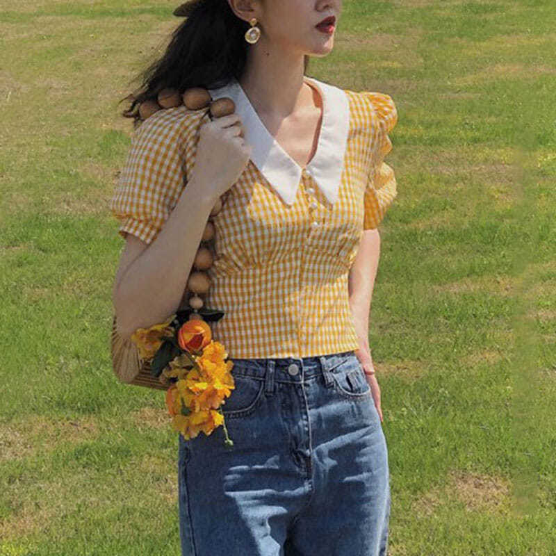 QWEEK Cottagecore krótki Top żółte bluzki lato Kawaii bufiaste rękawy koszula w kratę kobiety w kratkę koreański styl 2021 moda Retro