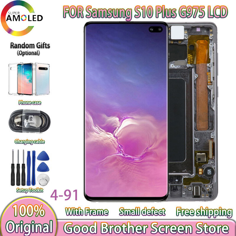 Tela de LCD digitalizador com ponto preto, 100% original para Samsung Galaxy S10 Plus, tampa traseira livre, G975F, DS