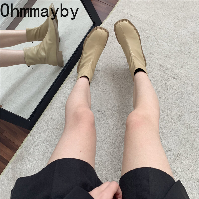 Botas de tornozelo para mulher 2022 dedo do pé quadrado elegante botas curtas de couro macio outono fino senhora escritório moda meados do salto 5cm sapatos