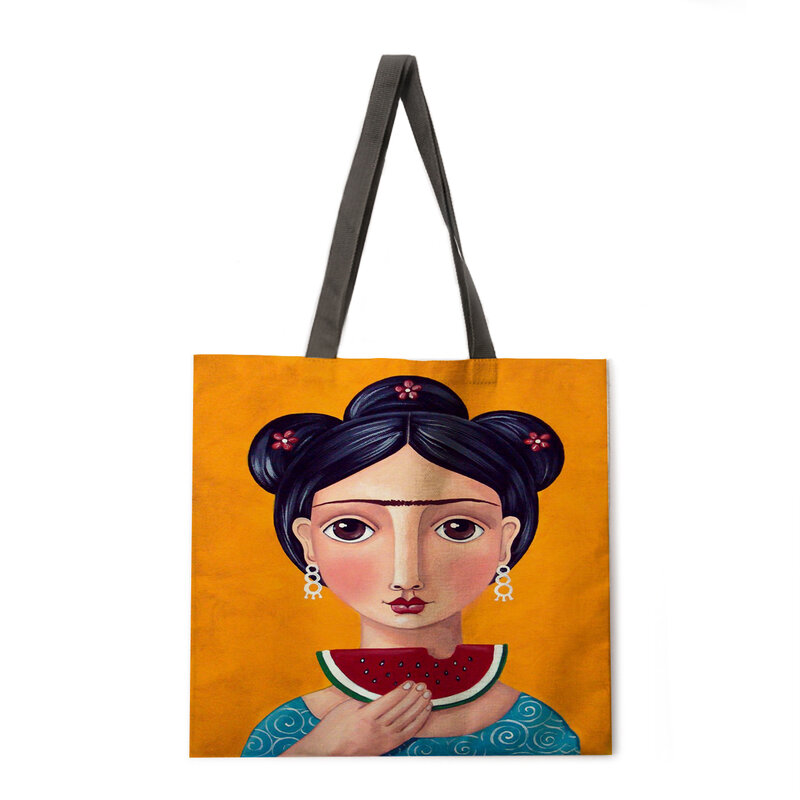Bolso de compras para mujer, bolsa con estampado de chica de arte folclórico, bolso de compras de gran capacidad para mujer, bolso de mano de diseñador