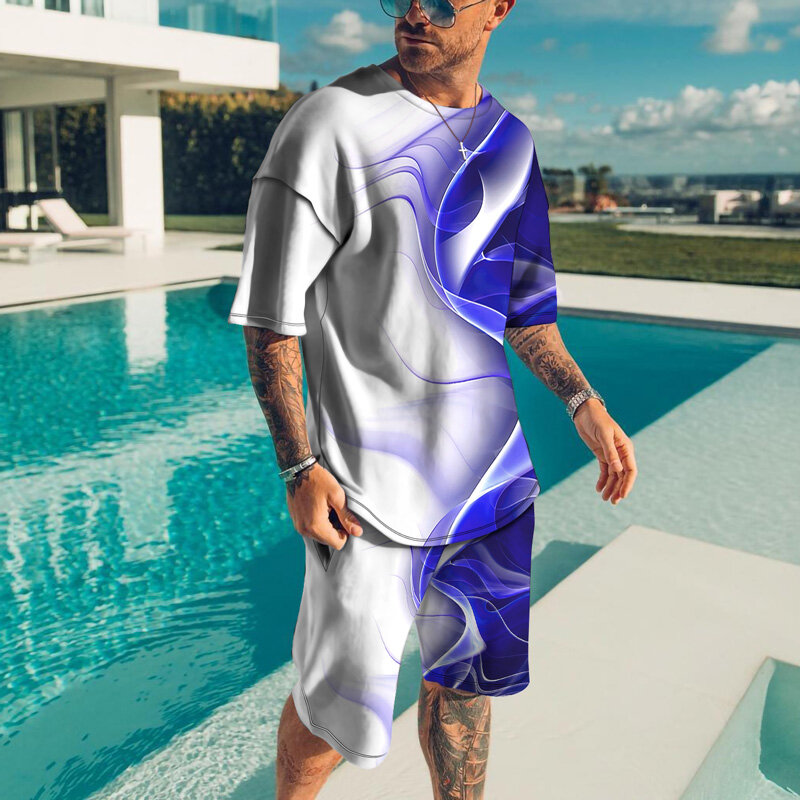 Europejska i amerykańska męska letnia moda męski Hip Hop sportowa koszulka z krótkim rękawem 3D T-Shirt z nadrukiem + spodenki garnitur Streetwear