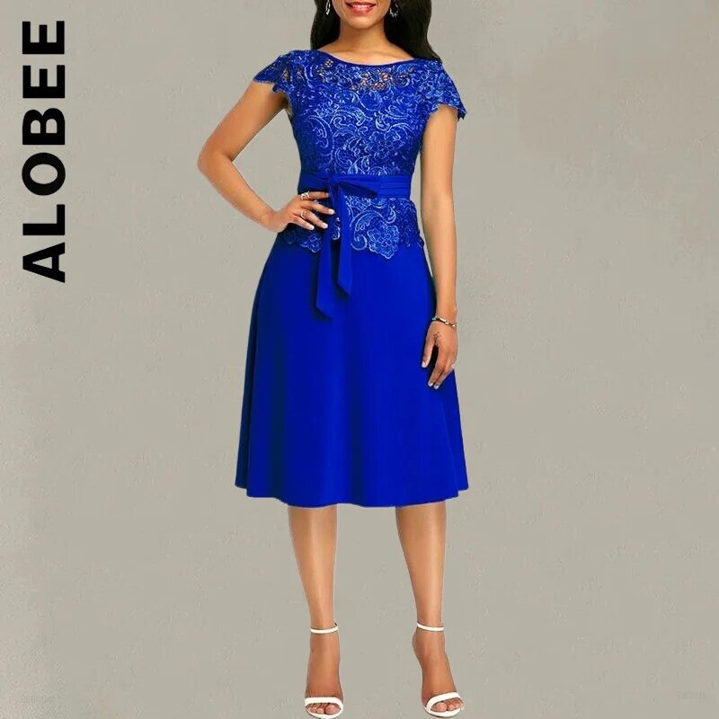 Alobee Women Dress Bow Lace Patchwork Maxi Dress Short Sleeve Knee Pure Solid Knee Length Party Dress Robe Chic Vestidos Female