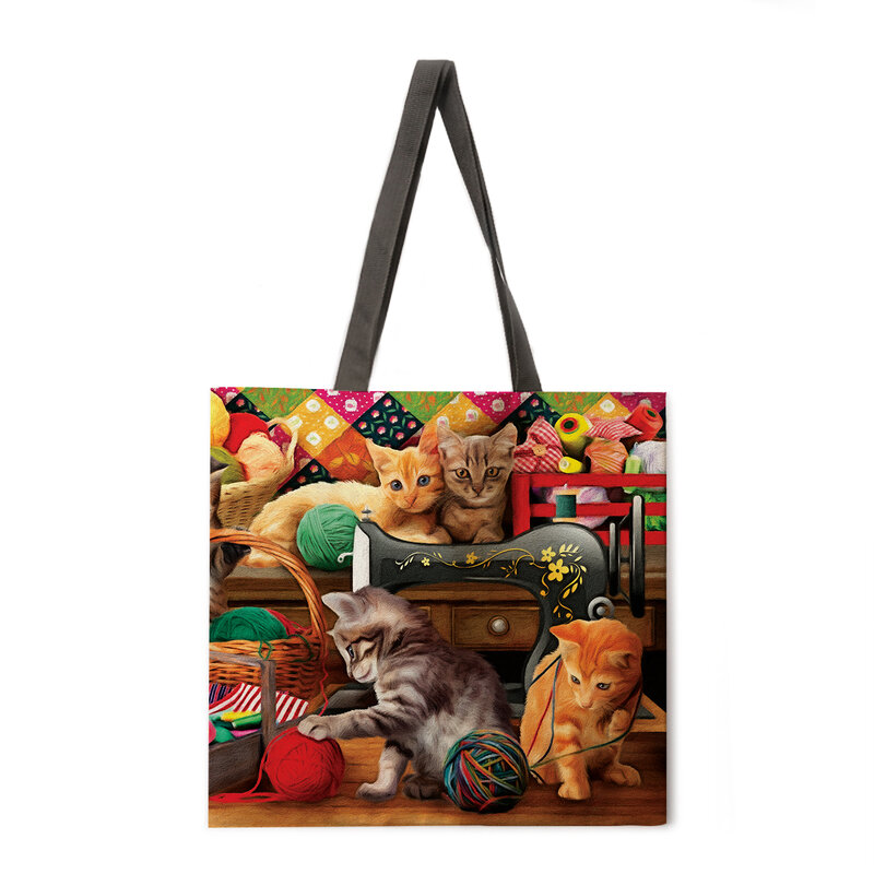Bolsa de compras reutilizable con estampado de gato y vida, bolso de hombro para mujer, de lino, para playa al aire libre, de uso diario