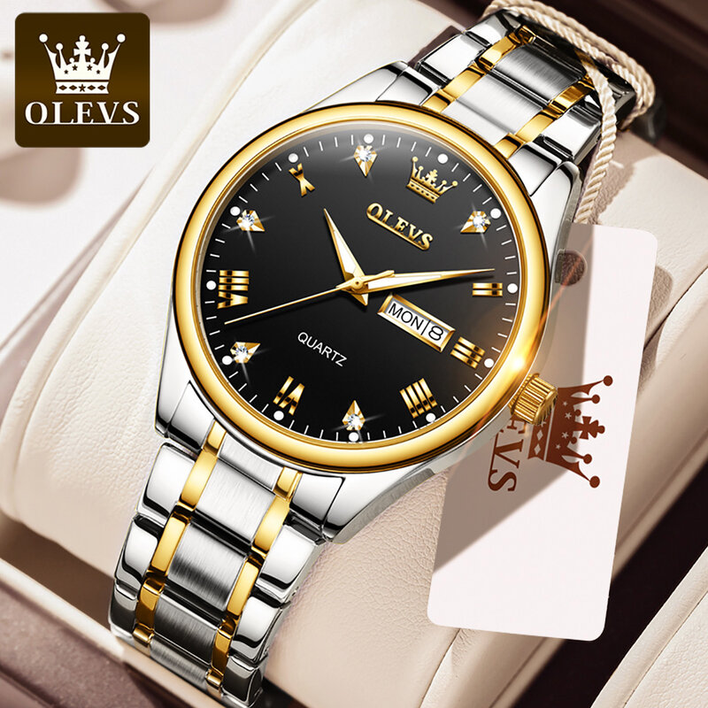 OLEVS-Reloj de pulsera de cuarzo para hombre, resistente al agua, de negocios, con correa de acero inoxidable, con incrustación de diamante dorado, de gran calidad