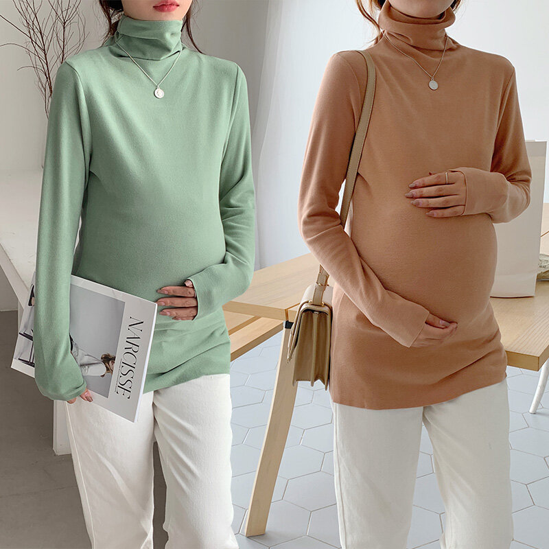 8149# Autumn High Neck Maternity Bottoming Shirts Loose Stretch Soft Tops Clothes for Pregnant Women Turtleneck Pregnancy Fall