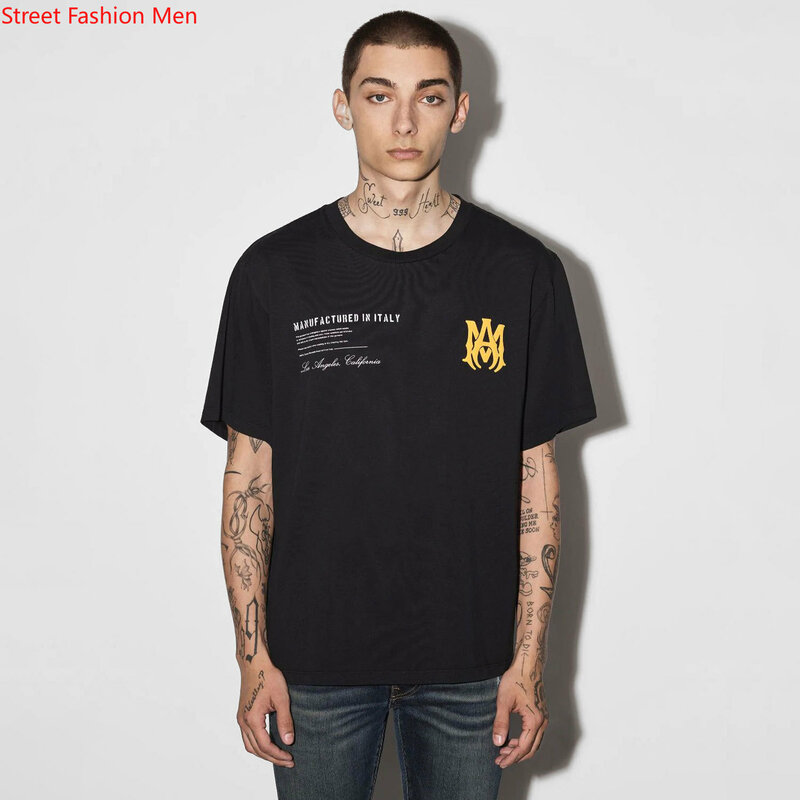 Camiseta casual da luva curta do pescoço redondo da rua alta do hip hop da cópia da letra rachada da aranha de amiri 22ss