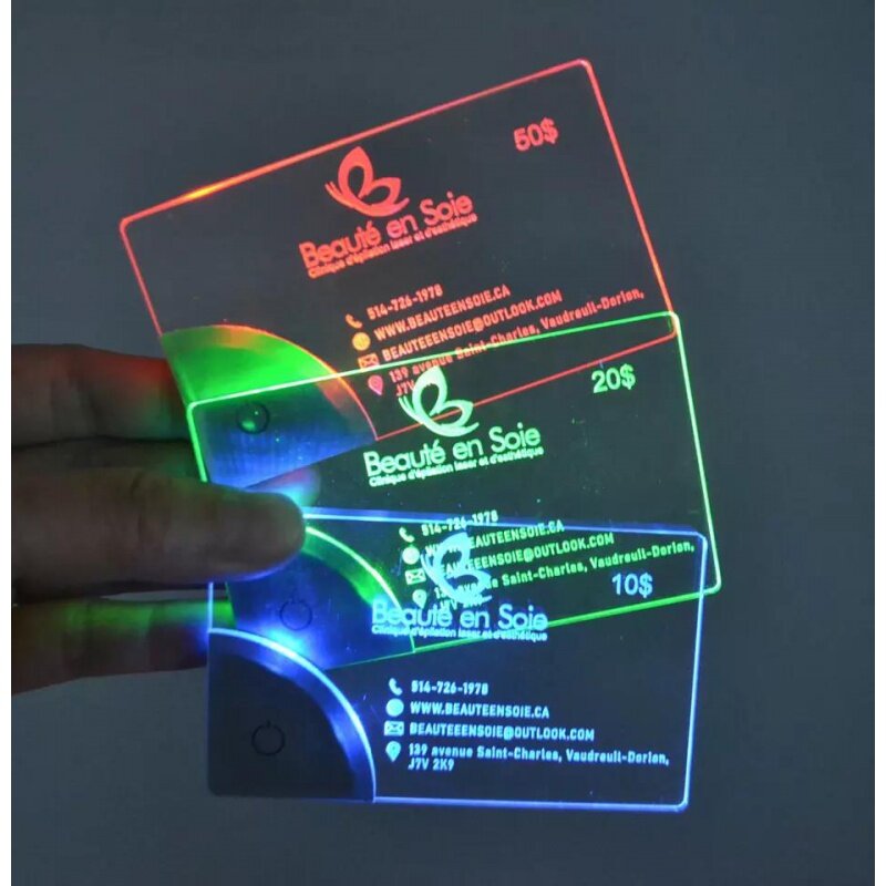 맞춤형 디자인 럭셔리 레이저 조각 LED 아크릴 발광 방문 카드, 금속 블랭크 NFC 명함 웨딩 카드