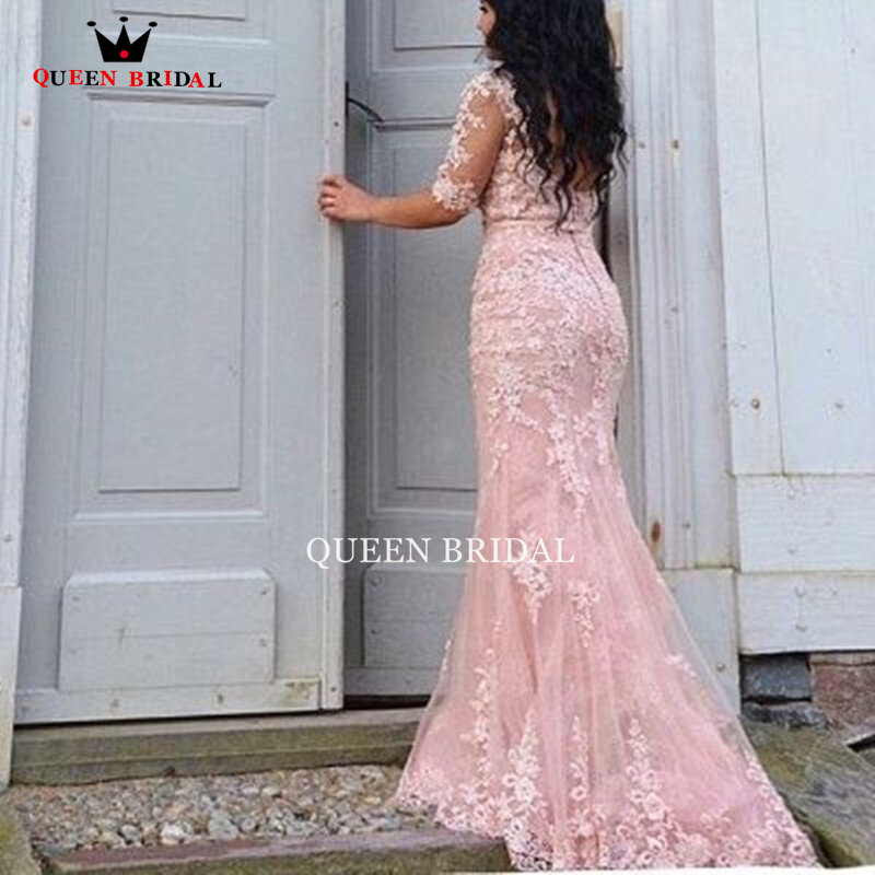 Champagne Mermaid Evening Dress V-Neck Appliques Half Sleeves Robes De Soirée Illusion Backless Robe De Soiree Custom  QW45