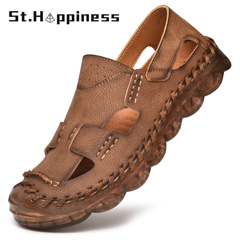 2022 New Summer Men's Leather Roman Sandals Luxury Brand Handmade Sandals Fashion Casual Beach Outdoor Walking Slippers Big Size