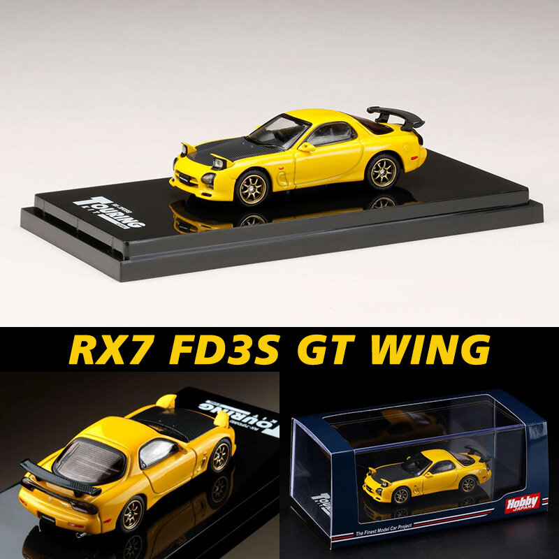 Hobby Japan 1:64 Yellow Carbon Bonnet RX7 FD3S A Spec GT Wing Alloy Diorama Car Model Collection Miniature Carros Toys