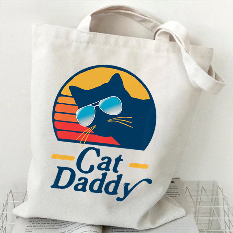 Best Cat Day Ever Cute Cat Shopping Bags Women Cartoon Tote Bag Vintage Canvas Bag Casual Graphic HandBag Animal Shopping Bag
