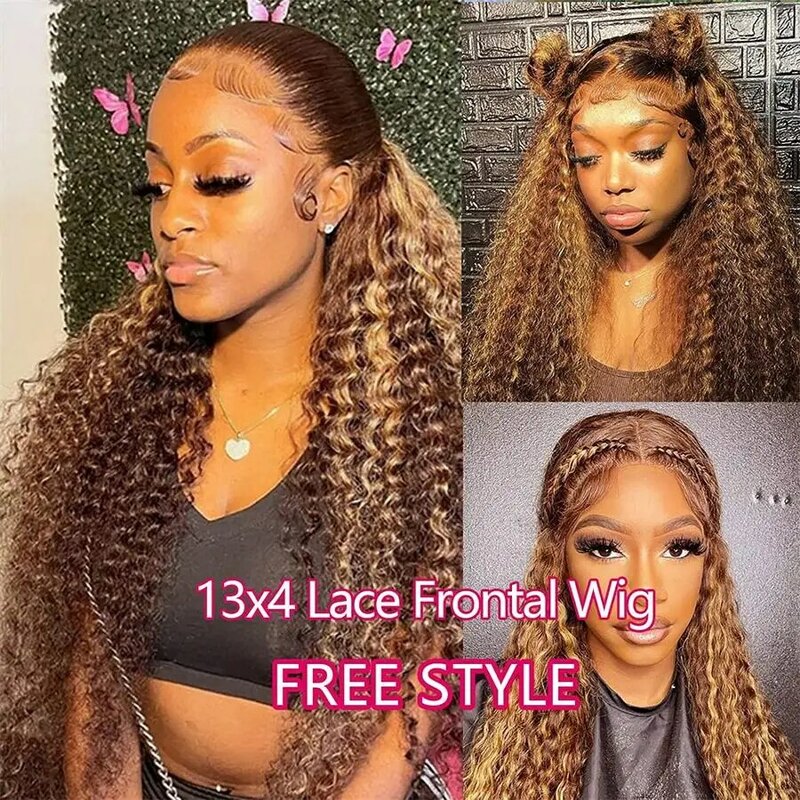 Peluca de cabello humano rizado con encaje Frontal para mujer, postizo de 30 y 32 pulgadas, color rubio miel, 13x4