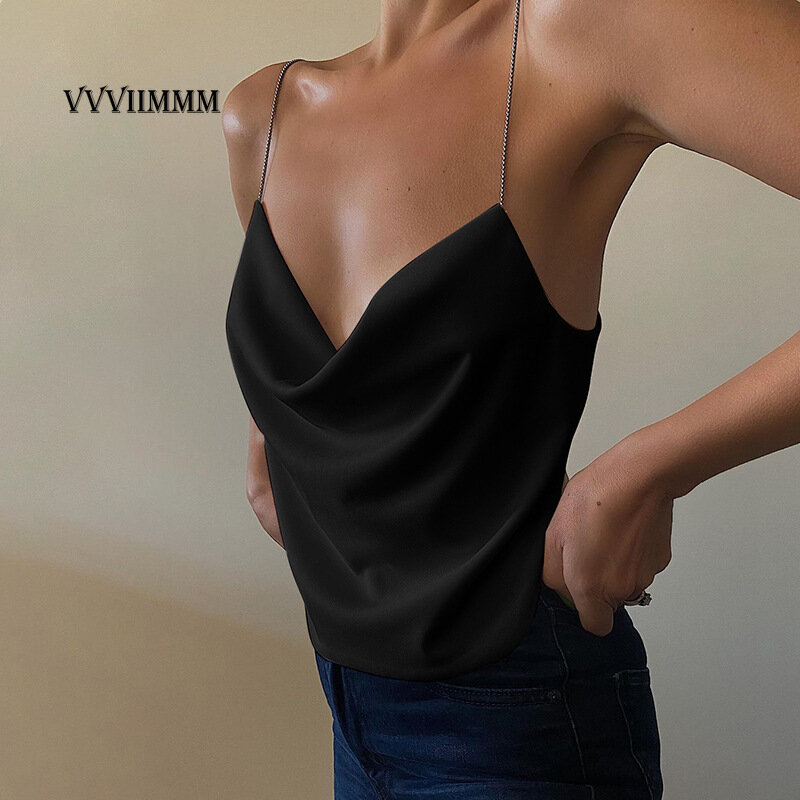 New 2022 Summer Sexy Backless Solid Color Chain V-neck Suspender Top Women's Backless Loose Vest Party Outfits for Women Tops