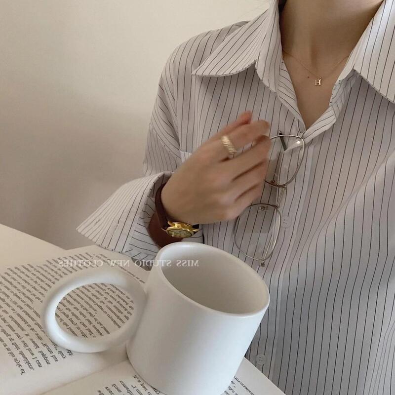 Buttoned Formal Blouses for Women White Vertical Stripes Long Sleeve Collared Shirt Cotton Fall Clothes Elegant Office Wear 2022