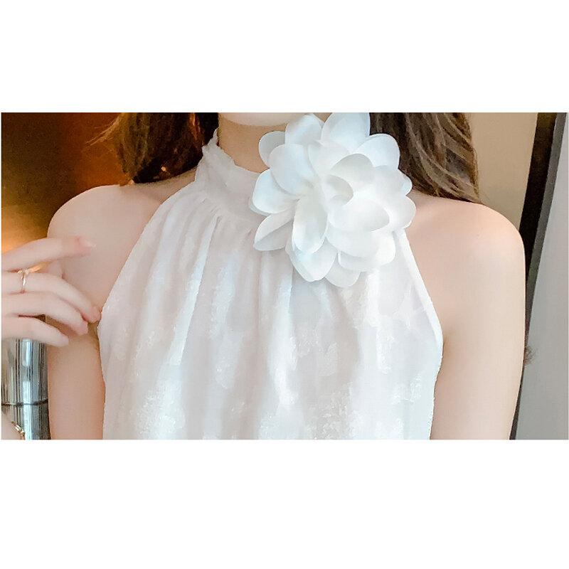 Blusa feminina com gola halter, tops sem mangas de chiffon, doce padrão floral, camisa branca da moda, roupas de verão, 26999