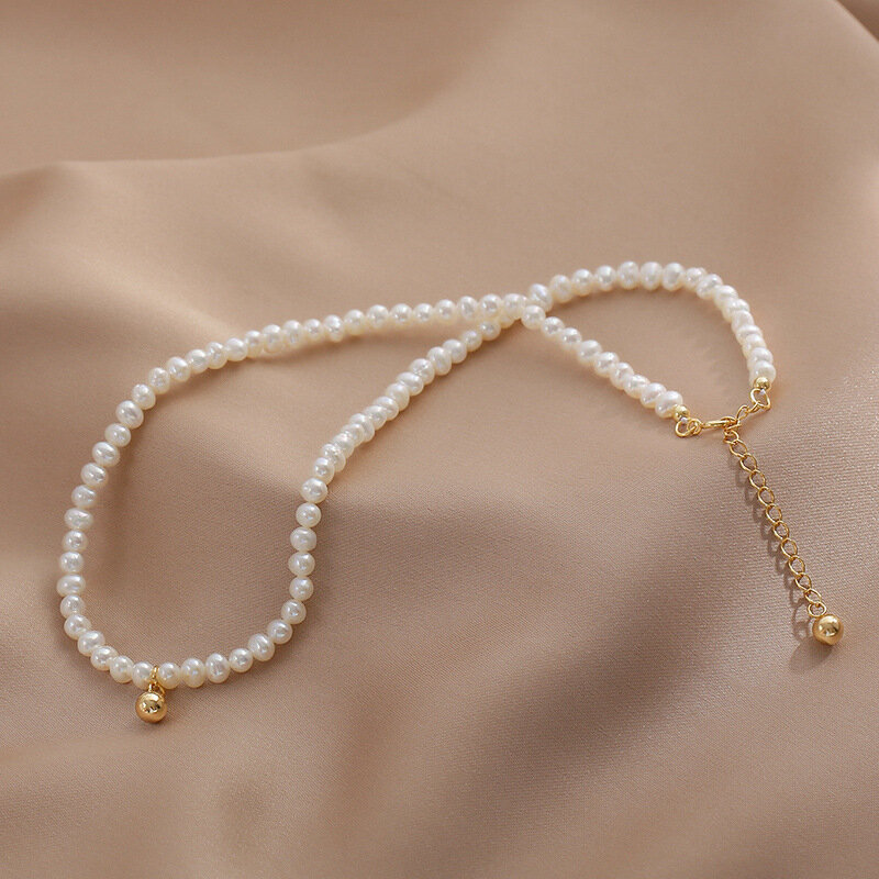 Collar de perlas para mujer, colgante de bolitas doradas puro y fresco, cadena, Gargantilla, clavícula, joyería francesa elegante